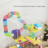 PawHut Cușcă pentru Hamsteri cu 5 Niveluri, Tuburi, Roată, Căsuță, Scări și Sticlă de Apă, 46 x 30 x 58 cm, Roz(m-4)