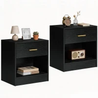 HOMCOM Set 2 Noptiere Moderne din Lemn cu Sertar și Poliță Deschisă, 39x28x41 cm, Negru(m-11)