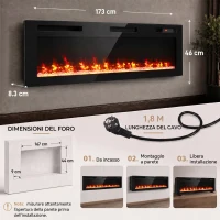 HOMCOM 173 cm Camino Elettrico da Incasso/Parete/Terra Ultrasottile 8.3 cm con Telecomando, 900/1800W, Timer, 35㎡ Nero(m-3)