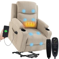 HOMCOM Fotoliu Electric cu Ridicare și Reclinare, Încălzire, Masaj, Efect In, 2 Telecomenzi, Crem(m-12)