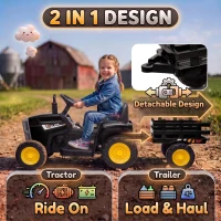 HOMCOM 12V Kids Ride on Tractor with Detachable Trailer, Remote, Soft Start, Seat Belt, Music, USB, Horn, Lights for 3-6, Black(m-6)