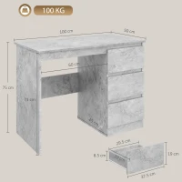 HOMCOM Scrivania Ufficio con 3 Cassetti 100x50 cm, Scrivania Salvaspazio per Studio Casa Ufficio, Grigio Effetto Marmo(m-3)