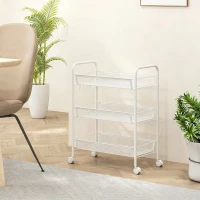 HOMCOM Carrello da Cucina a 3 Livelli con Cesti Removibili e 4 Ruote, in Acciaio e Plastica PP, 41.5Lx26.5x63 cm, Bianco(m-11)