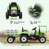 HOMCOM Trattore Elettrico per Bambini 3-6 Anni con Rimorchio Rimovibile, Batteria 12V e Telecomando, Verde(m-3)