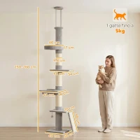 PawHut Tiragraffi per Gatti a Soffitto con Altezza 230-260 cm, 3 Pali Graffiatoi, Amaca, in Peluche, Grigio Chiaro(m-3)