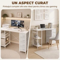 HOMCOM Birou cu 4 sertare textile, structură metalică, raft deschis, alb(m-7)