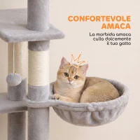 PawHut Albero Tiragraffi Multilivello 152 cm con 4 Pali per Gatti da Interno, Amaca, Cuccia e Scala, Grigio Chiaro(m-8)