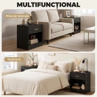 HOMCOM Set 2 Noptiere Moderne din Lemn cu Sertar și Poliță Deschisă, 39x28x41 cm, Negru(m-6)