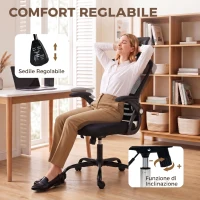 HOMCOM Sedia Ufficio Ergonomica con Braccioli Ribaltabili, Poggiatesta e Altezza Regolabili, in Rete Traspirante, Nero(m-7)