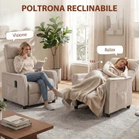 HOMCOM Poltrona Massaggiante e Reclinabile a 160° con Poggiapiedi e Telecomando, 69x93x104 cm, Effetto Lino Bianco Crema(m-5)
