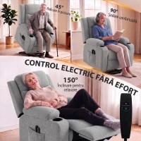 HOMCOM Fotoliu Electric cu Ridicare Asistată, Reclinabil, Încălzit, cu Masaj, Aspect In, 2 Telecomenzi, Gri Deschis(m-4)