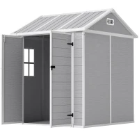 Outsunny 6 x 6ft Garden Shed with Floor, Window, Lockable Doors and Vents, Wood Effect Resin Tool Shed for Outdoor Patio, Grey(m-12)