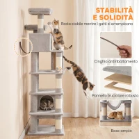 PawHut Tiragraffi per Gatti Grande Alto 204cm Multilivello, 8 Pali Graffiatoi in Sisal, 2 Grotte, Amaca, Grigio Chiaro(m-7)