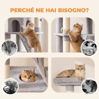 PawHut Tiragraffi per Gatti Grande Alto 204cm Multilivello, 8 Pali Graffiatoi in Sisal, 2 Grotte, Amaca, Grigio Chiaro(m-8)