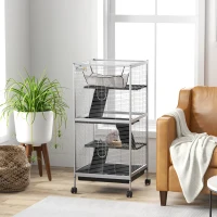 PawHut Jaula para Animales Pequeños con Ruedas 2 Puertas 3 Rampas Hamaca Colgante y Bandeja Extraíble 52x52x113,5cm Gris(m-2)