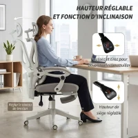 HOMCOM Chaise Bureau Ergonomique avec Appui-Tête Réglable, Fauteuil de Bureau Inclinable en Maille, Dossier Séparé, Gris(m-9)