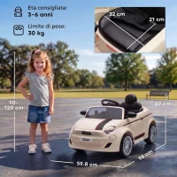 AIYAPLAY Macchina Elettrica per Bambini 12V Fiat 500, Batteria al Litio, 2 Motori, Telecomando, 3-6 Anni, Crema(m-3)