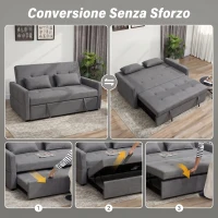HOMCOM Divano Letto 2 Posti 3 in 1 in Lino con 2 Cuscini, Estraibile Clic Clac Reclinabile, Seduta Imbottita, Grigio(m-4)