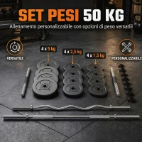 SPORTNOW Set Manubri Regolabili 3 in 1 da 50kg, Set Pesi Palestra con Manubri, Bilanciere Dritto e Barra EZ, Nero(m-5)