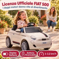 AIYAPLAY Macchina Elettrica per Bambini 12V Fiat 500, Batteria al Litio, 2 Motori, Telecomando, 3-6 Anni, Crema(m-4)