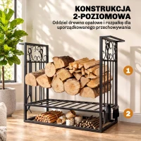 Stojak na drewno kominkowe HOMCOM z akcesoriami, regał na drewno, podstawka na drewno kominkowe, narzędzia kominkowe, Stal Czarny 75 x 30 x 60 cm(m-5)