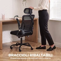 HOMCOM Sedia Ufficio Ergonomica con Braccioli Ribaltabili, Poggiatesta e Altezza Regolabili, in Rete Traspirante, Nero(m-4)