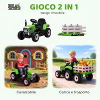 HOMCOM Trattore Elettrico per Bambini 3-6 Anni con Rimorchio Rimovibile, Batteria 12V e Telecomando, Verde(m-4)