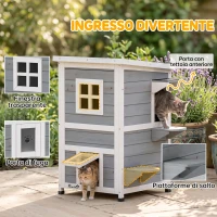 PawHut Cuccia per Gatti in Legno Impermeabile a 2 Piani, Casetta per Animali da Esterno con Tetto Apribile(m-6)