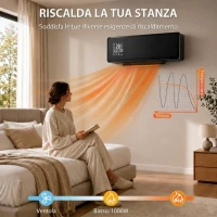 HOMCOM Stufa Ceramica 2000W a Parete con 3 Modalità, Temperatura Regolabile, Timer, Telecomando, Blocco Bambini, Nero(m-5)
