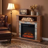 HOMCOM Camino Elettrico da Terra/Incasso per TV 36'' con Cornice e Ripiano, 1800W, Effetto Fiamma 3D, Ceppi, Marrone(m-14)