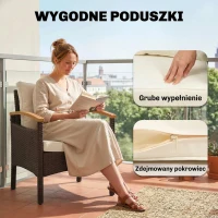 Outsunny Zestaw bistro z rattanu 3-częściowy FSC meble ogrodowe z 2 fotelami, 2-poziomowym stolikiem z drewna, grube zdejmowane poduszki(m-7)