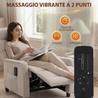 HOMCOM Poltrona Massaggiante e Reclinabile a 160° con Poggiapiedi e Telecomando, 69x93x104 cm, Effetto Lino Bianco Crema(m-4)