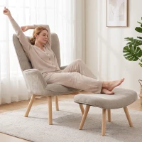 HOMCOM Fotel Relaksacyjny Zestaw z Podnóżkiem Skandynawski Design Drewno Bukowe Szary(m-8)