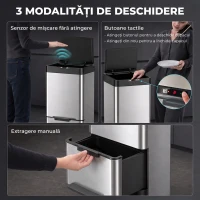 HOMCOM Coș de Gunoi Automat cu Senzor pentru Colectare Selectivă, 3 Compartimente (2 x 12,5 L + 15 L), din Oțel Inoxidabil, Găleți Detașabile(m-4)