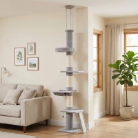 PawHut Tiragraffi per Gatti a Soffitto con Altezza 230-260 cm, 3 Pali Graffiatoi, Amaca, in Peluche, Grigio Chiaro(m-12)