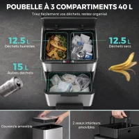 HOMCOM Poubelle de Cuisine Automatique 40 L en Inox, 3 Compartiments, Seaux Intérieurs Amovibles, Fermeture douce, Argenté(m-5)