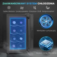 HOMCOM Chłodziarka do wina na 8 butelek, 21 l, termoelektryczna, regulowane półki, oświetlenie LED, czarna(m-4)