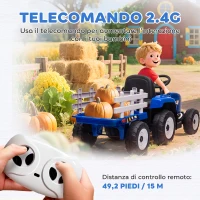 HOMCOM Trattore Elettrico per Bambini con Rimorchio Rimovibile, Telecomando, Porta USB, Musica e Luci, Età 3-6 Anni, Blu(m-5)