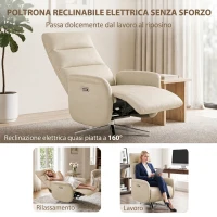 HOMCOM Poltrona Relax Elettrica Reclinabile 160° Girevole con Poggiapiedi, Presa USB e Type-C, in Pelle PU, Beige(m-4)