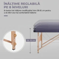 HOMCOM Masă de Masaj Portabilă cu Înălțime Reglabilă, Pernă, Mâner și Geantă, 186x60x61-87 cm, Violet(m-4)