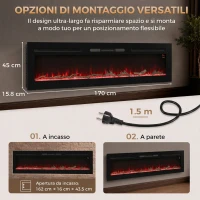 HOMCOM Camino Elettrico da 170 cm a Incasso o a Parete, 1500W, Timer 24 Ore, Fiamma Regolabile, Cristalli(m-3)