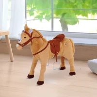 HOMCOM Reitpferd Spielpferd zum Reiten Stehpferd mit Sattel, Sound, Steigbügel Plüschpferd für Kinder ab 2 Jahren Beige(m-10)