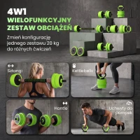 SPORTNOW Zestaw Hantli 4w1 20 kg - regulowana krótka sztanga & sztanga Kettlebell z uchwytami do pompek Zielony(m-4)