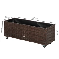 Outsunny podwyższona grządka z technorattanu na kółkach skrzynka na rośliny z otworami odpływowymi skrzynka na kwiaty donica kawowy brąz 94,5 x 31 x 36 cm(m-3)