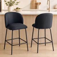 HOMCOM Set 2 Sgabelli da Bar con Schienale e Poggiapiedi, Rivestimento in Tessuto e Gambe in Acciaio, Nero(m-2)