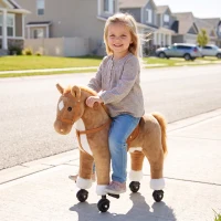 AIYAPLAY Rocking Horse, Plush Ride On Horse with Hoof Sounds, Music, Rolling Wheels and Pedal for 3-7 Years, Up to 50kg, Brown(m-2)