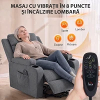 HOMCOM Fotoliu electric cu ridicare asistată, reclinabil, încălzit și cu masaj, gri închis(m-5)