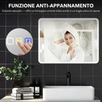 HOMCOM Specchio Bagno LED con Bluetooth, Illuminazione Regolabile e Funzione Memory, in Vetro Temperato, 80x60x3.5 cm(m-7)