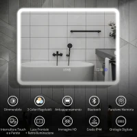 HOMCOM Specchio Bagno LED con Bluetooth, Illuminazione Regolabile e Funzione Memory, in Vetro Temperato, 80x60x3.5 cm(m-4)