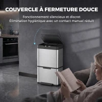 HOMCOM Poubelle de Cuisine Automatique 40 L en Inox, 3 Compartiments, Seaux Intérieurs Amovibles, Fermeture douce, Argenté(m-7)